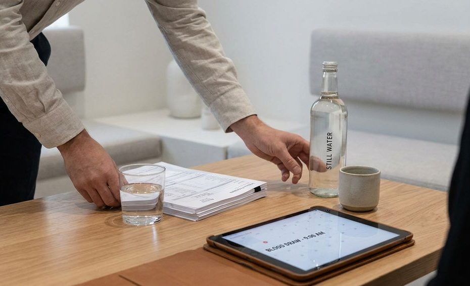 Patient preparing documents and water before a lab work appointment