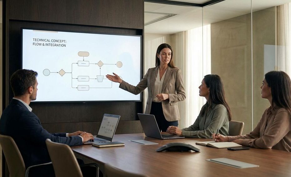 Presenter explaining a technical diagram to colleagues in a meeting