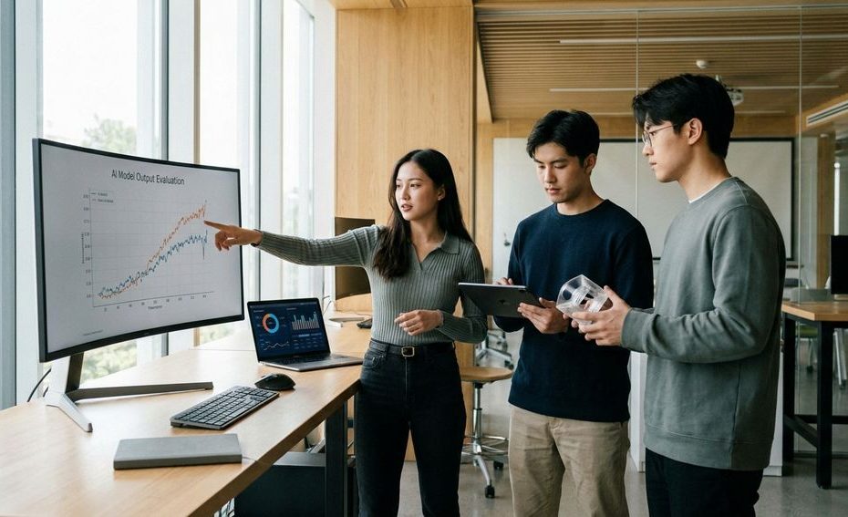 STEM students reviewing AI data analysis on a laptop in a lab
