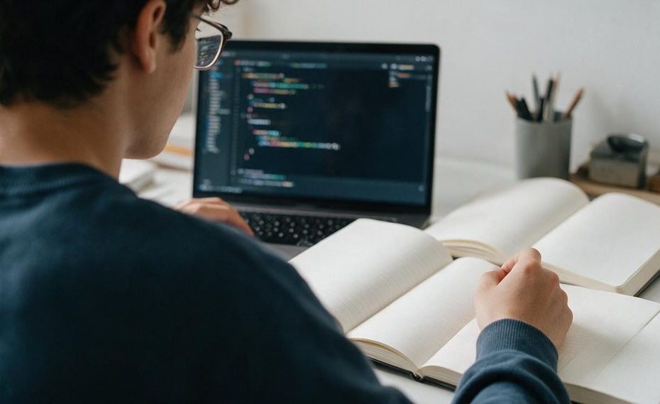 STEM student organizing project notes and code on a laptop